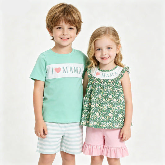 I Love Mama Sibling Girls & Boys Shorts Outfit
