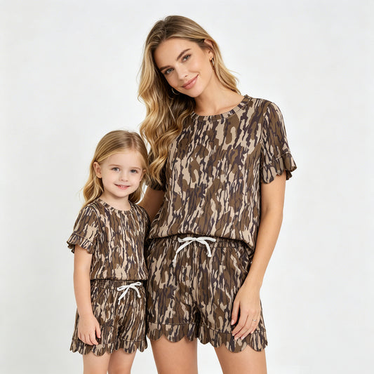 Mommy and Me Camo Scallop Outfits, Short Sleeve Two Piece Set for Mother Daughter