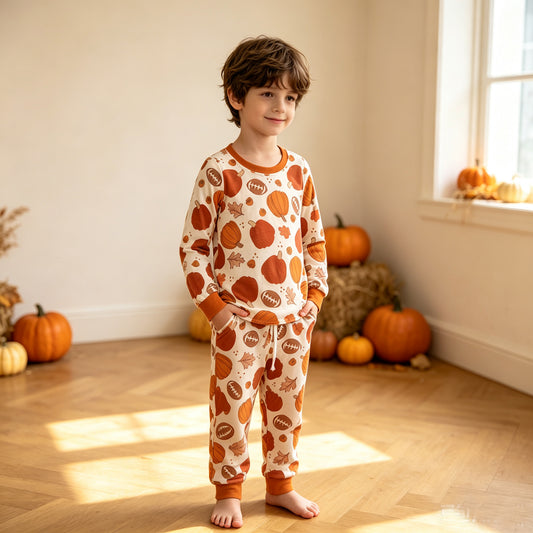 8.7 Preorder Kids Boys Fall Football Pumpkin Long Sleeve Pajama Set
