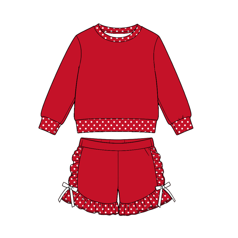 (Custom Design Preorder MOQ 5 Each)Girls Polka Dot Ruffle Hem Shorts Matching Long Sleeve Top Two Piece Set Sisters Wear