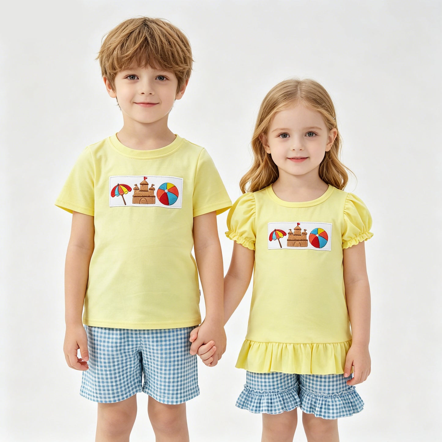 Sibling Umbrella Beach Embroidery Yellow Boys Baby Girls Summer shorts sets