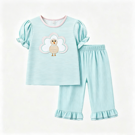 (Custom Design Preorder MOQ 5) Turkey Blue Stripes Top Ruffle Pants Girls Thanksgiving Clothes Set