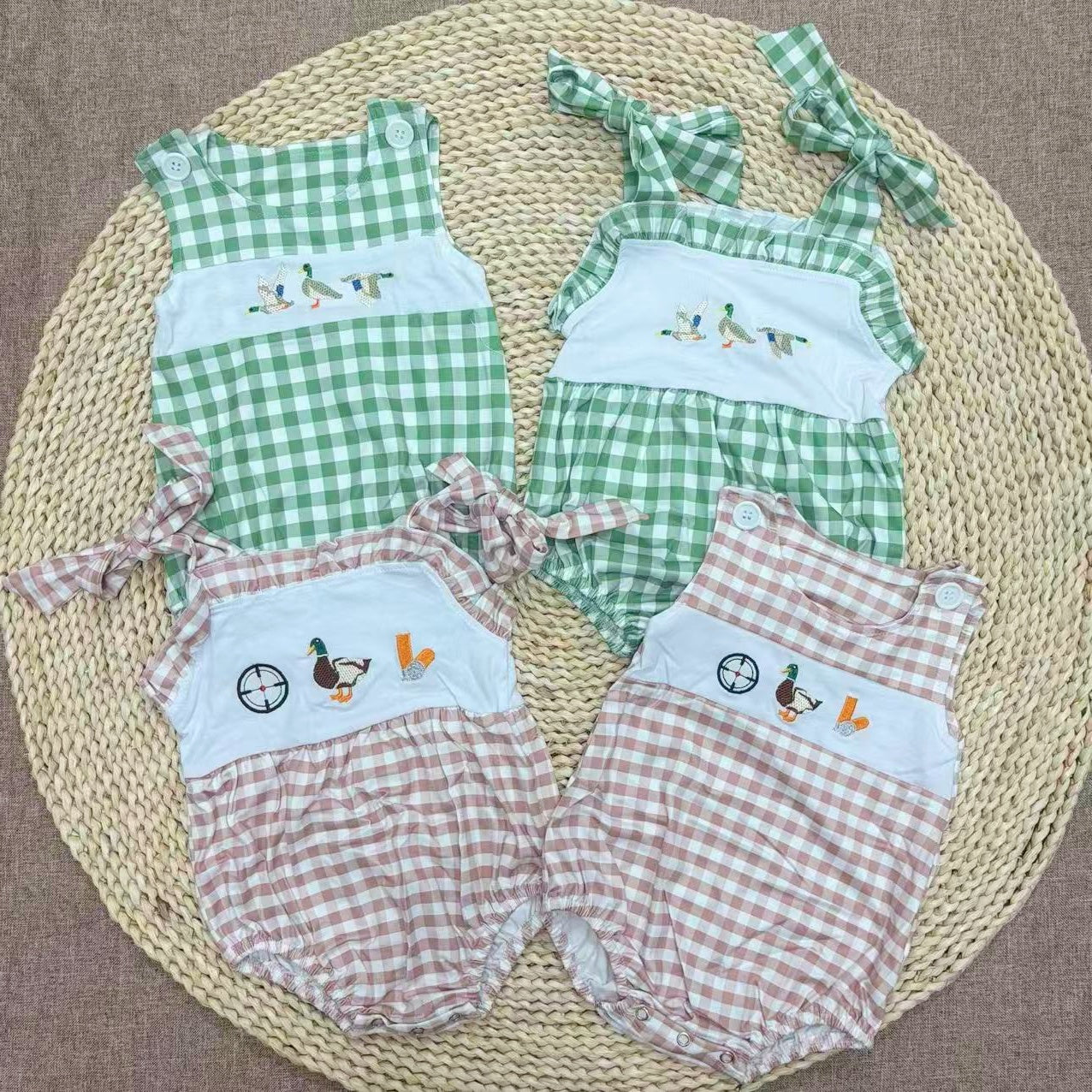 Sibliong Baby Gingham Hunting Duck Embroidery Bubble Romper