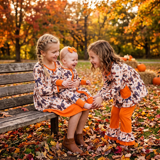 Sibling Baby Girls Halloween Candy Corn Bow Print Outfit Dress and Romper