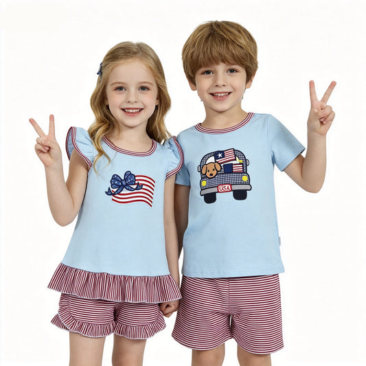 Sibling Boys Baby Girls 4th Of July Embroidery Blue Top +Stripes Shorts Outfits