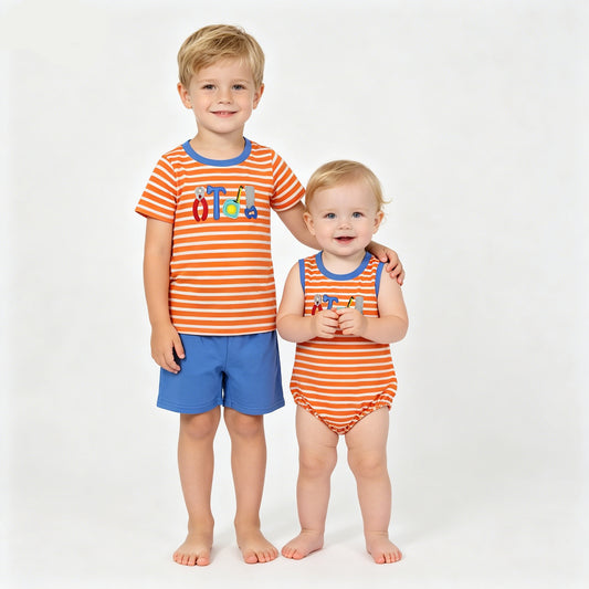Sibling Boys Tool Embroidery Matching Outfit - Toddler Orange Stripe Set & Baby Romper