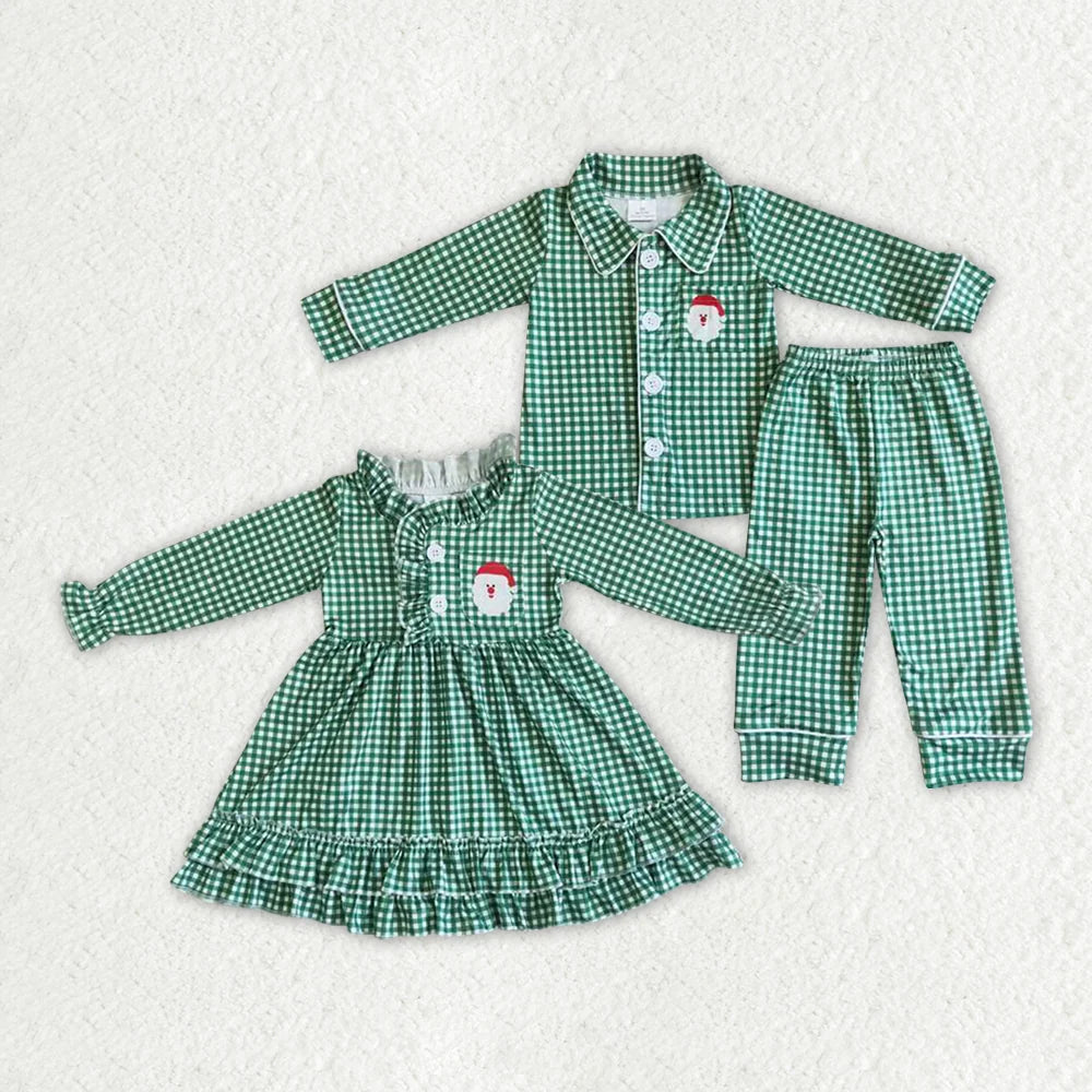 Sibling Toddler Girls Boys Christmas Santa Green Gingham Gowns Pajamas Sets