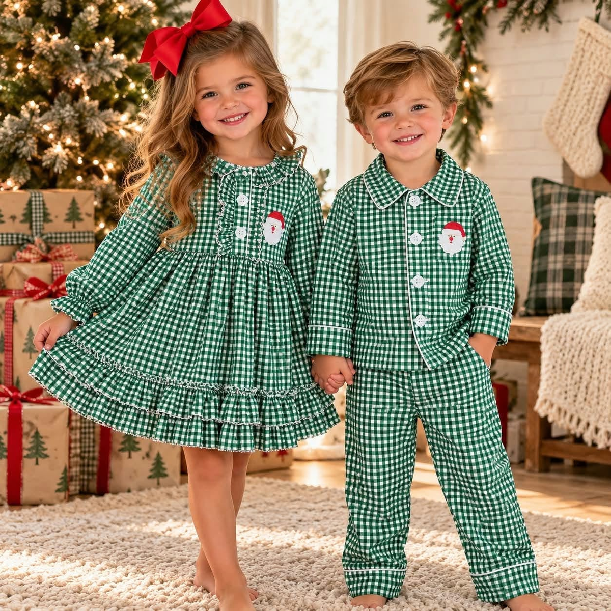 Sibling Toddler Girls Boys Christmas Santa Green Gingham Gowns Pajamas Sets