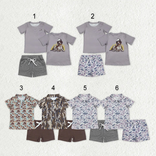 Sibling Baby Boys Camo Dog Print Button Shirts Pockets Short Outfit