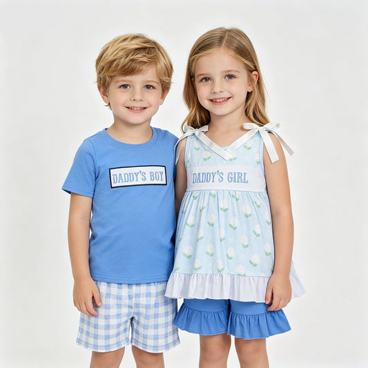 Mama's Girl and Boy Embroidery Summer Shorts Outfit For Sibling