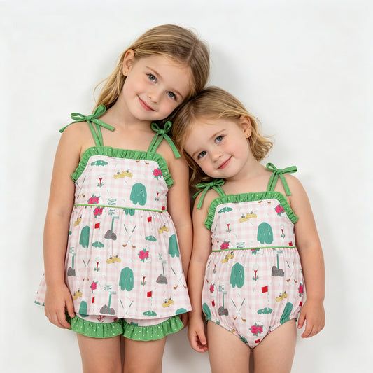Sibling Baby Girls Strap Pink Checked Flower Golf Tunic Ruffle Shorts Clothes Set Rompers