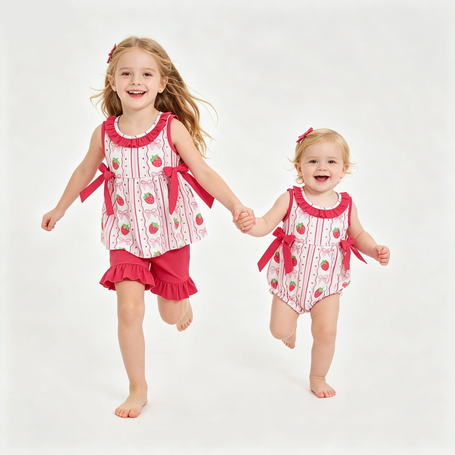 Matching Sisters Strawberry Print Summer Ruffle Outfits & Romper for Baby Girls