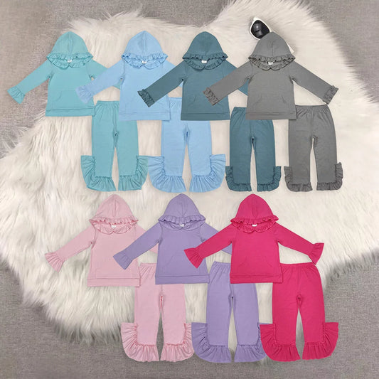 7 Colors Sibling Baby Girls Colorful Cotton Hooded Ruffle Top Bell Pants Clothes Sets