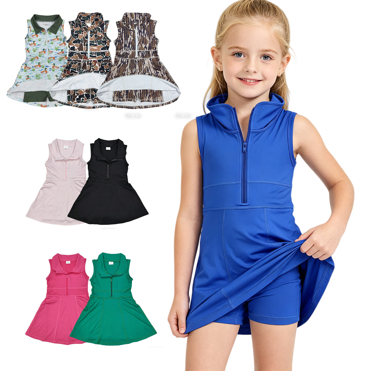 Sibling 8 Colors Baby Girls Athletic Zip Sleeveless Active Dress