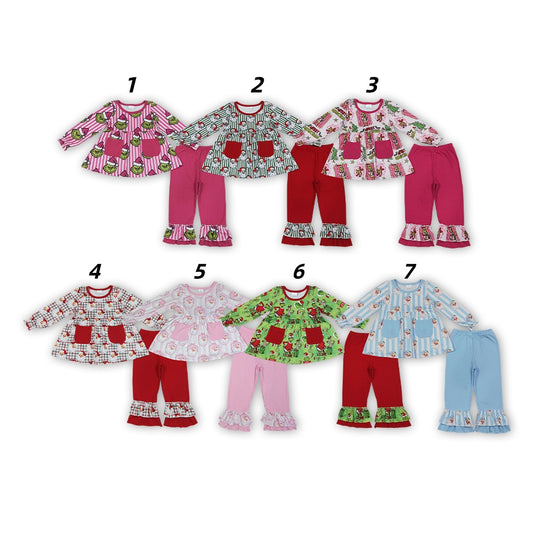 Sibling Kids Girls  Christmas Pocket Tunic Top Ruffle Pants Outfit