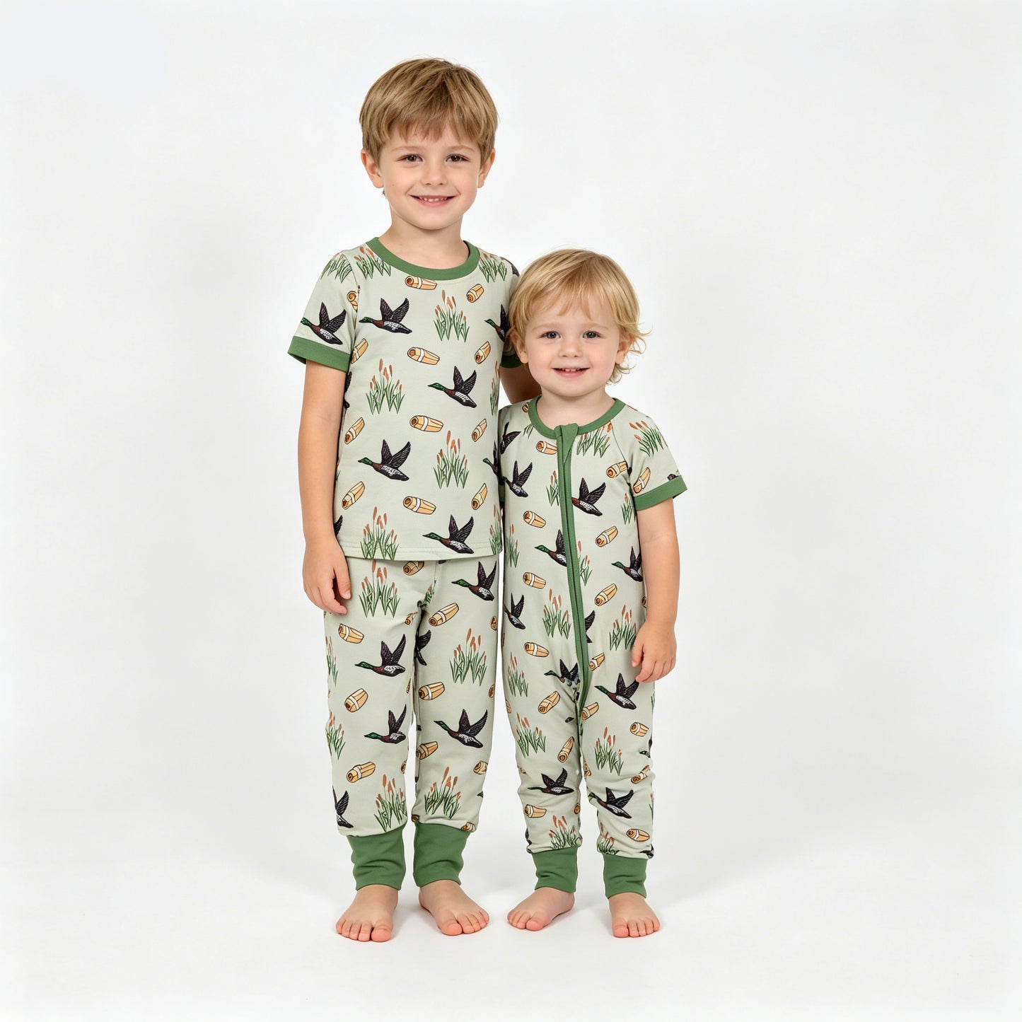 Sibling Baby Boys Ducks Calls Pants Hunting Pajamas Set Zipper Rompers