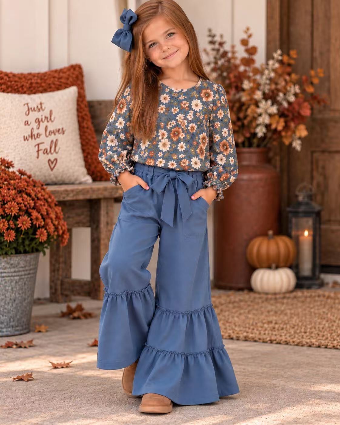 10.5 GLP3979 Preorder Flowers Top Blue Tiered Ruffle Flare Pants Girls Clothes Set