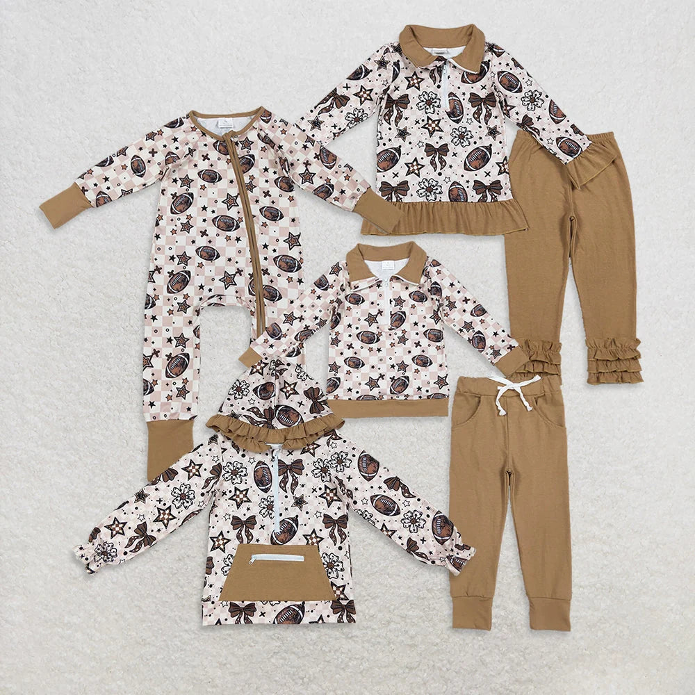 SIbling Girls Boys Football Pullover Team Outfit Hoodie Zipper Romper