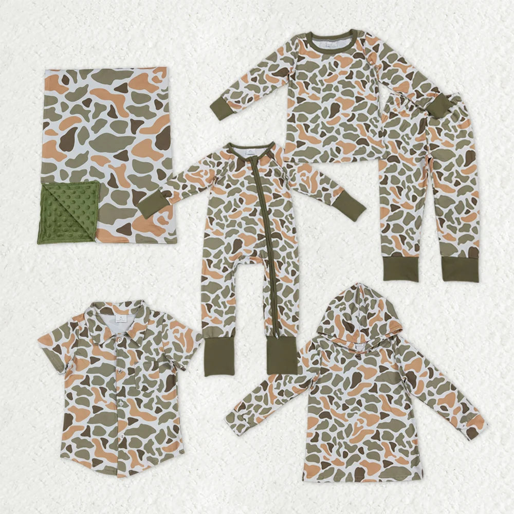 Sibling Baby Boys Hunting  Oragne Green Camo Pajama Set Zipper Romper Hoodie Top