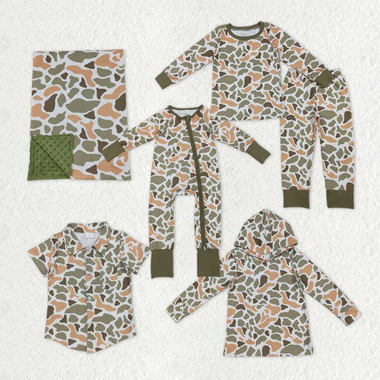 Sibling Baby Boys Hunting  Oragne Green Camo Pajama Set Zipper Romper Hoodie Top