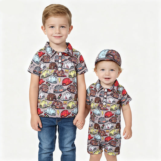 Toddler & Kid Boys Racing Hat Print Outfit Set - 2 Piece Polo Romper & Matching Hat for Brothers