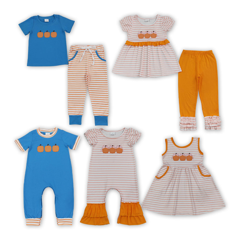 Sibling Baby Girls Boys Embroidery Pumpkin Outfit Dress and Romper