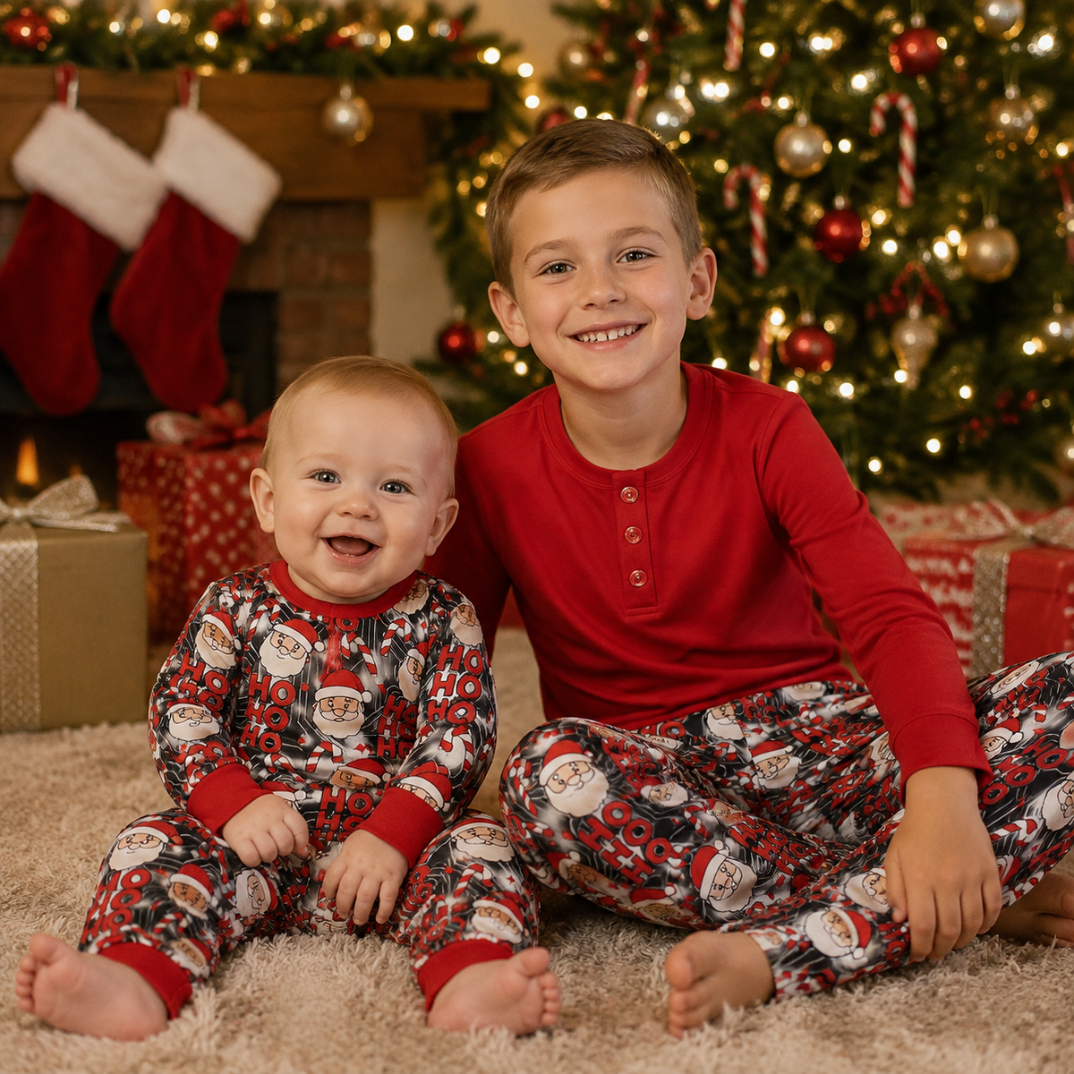 Sibling Baby Boys  Christmas Santa Pants Set and Romper