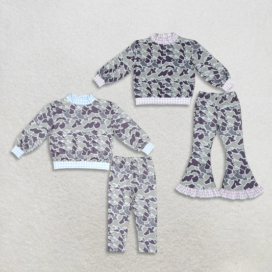 Sibling Kids Girls Boys Camo Gingham Trim Long Sleeve Pants Outfit