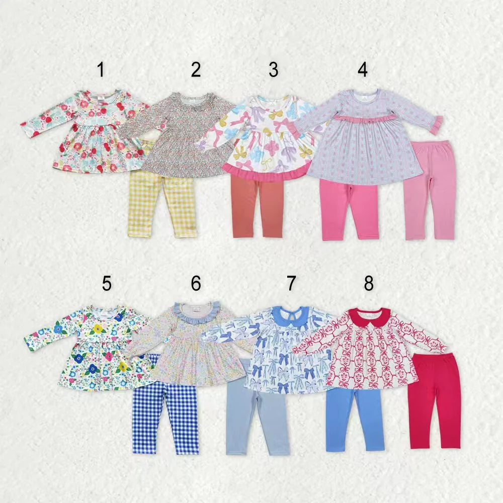 Sibling Baby Girls Bows Flowers Tunic Leggings Pant Long Ruffle Sleeves Clothes Sets