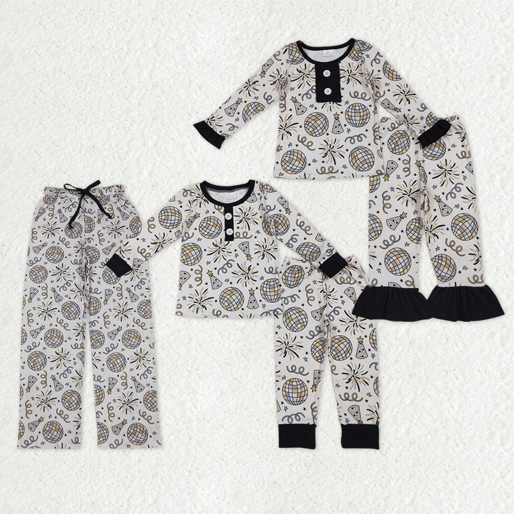 Mama and Me Fireworks Stars Button Ruffle Pants Happy New Year Pajamas Sets Pants With Belt