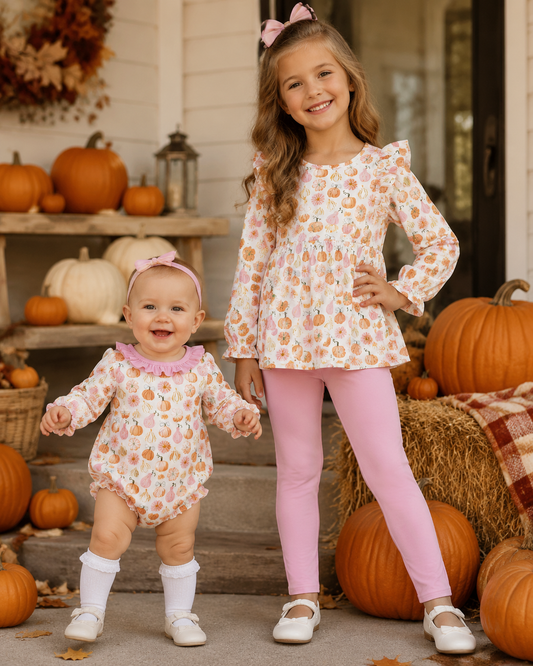Sibling Baby Girls Pumpkin Tunic Top with Pink Legging Set +Bubble Romper