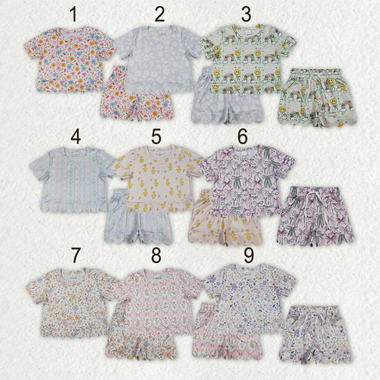 Sibling Baby Girls Colorful Flowers Top Pockets Shorts Scallop Clothes Sets