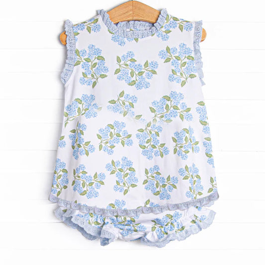 (Custom Design Preorder MOQ 5 ) Blue Flowers Baby Girls Summer Bummie Set