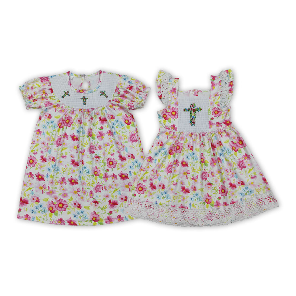 Sibling Baby Girls Floral Cross Smocked Dress