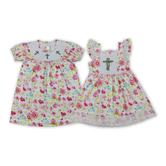 Sibling Baby Girls Floral Cross Smocked Dress