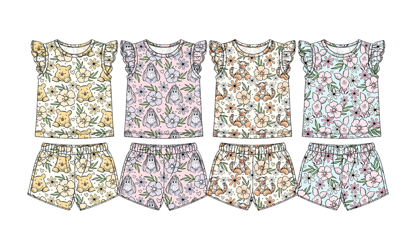3.31(Custom Design Preorder MOQ 5 Each Item) Cartoon Bear Winni* Flowers Print Girls Summer Outfits Sister Wear