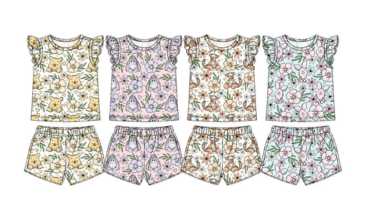3.31(Custom Design Preorder MOQ 5 Each Item) Cartoon Bear Winni* Flowers Print Girls Summer Outfits Sister Wear