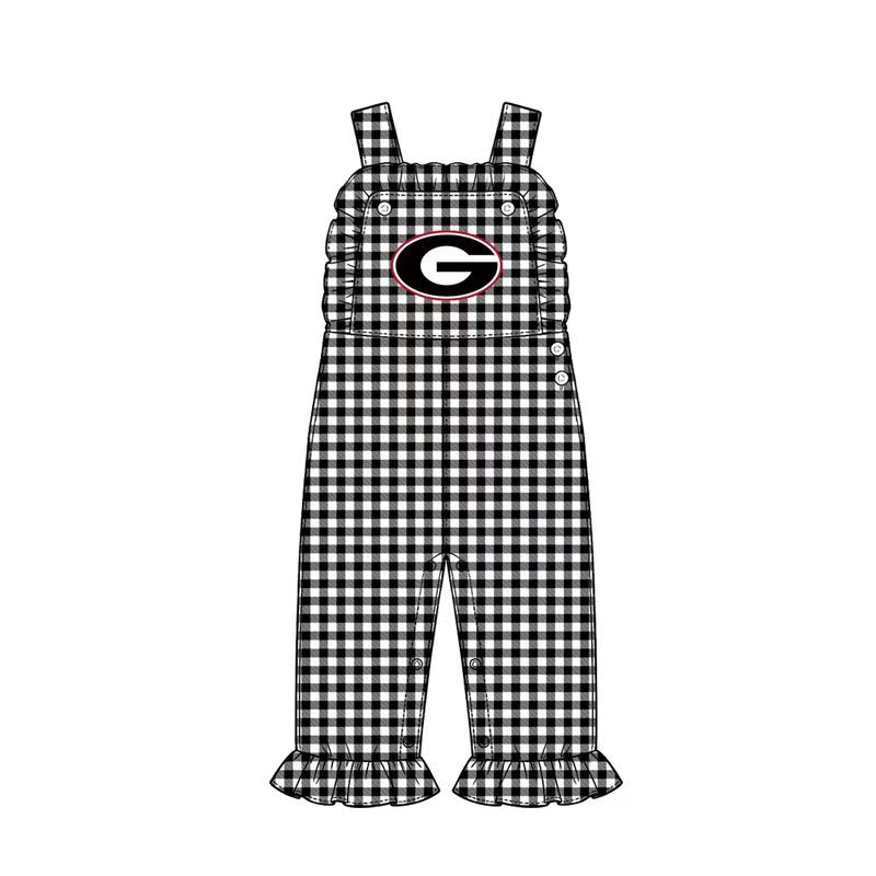 (Custom Design Preorder MOQ 5) Teams Logo Checkered Print Baby Girls Strap Jumpsuits Sisters Overall Styles