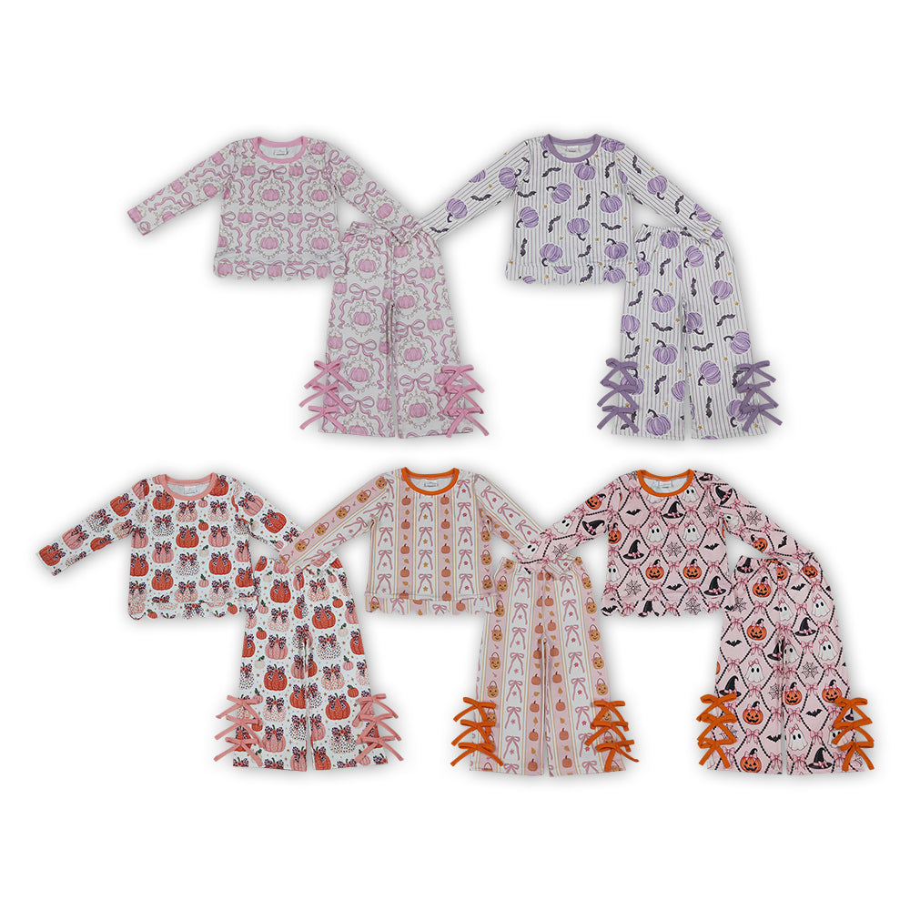 Sibling Baby  Girls Bows Pumpkin Scallop Top with Flare Pants Outfit