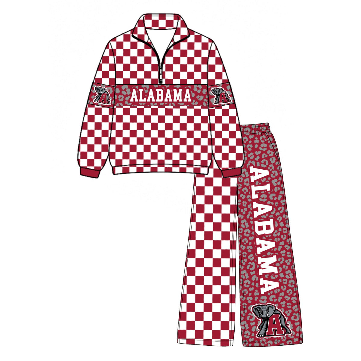 (Custom Design Preorder MOQ 5 Each)Teams Leopard Checkered Print Long Sleeve Zipper Top Split Pants Girls Clothes Set Sisters Wear
