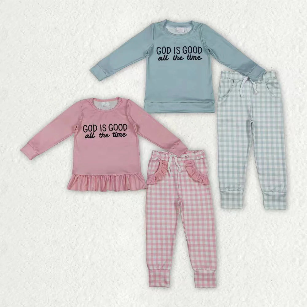 Sibling Baby Girls God is Good Top Pockets Checked Legging Pants Outfit