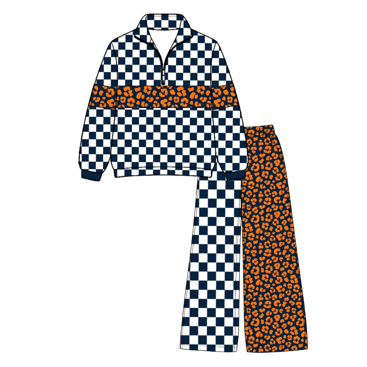 (Custom Design Preorder MOQ 5 Each)Teams Blank Leopard Checkered Print Long Sleeve Zipper Top Split Pants Girls Clothes Set Sisters Wear