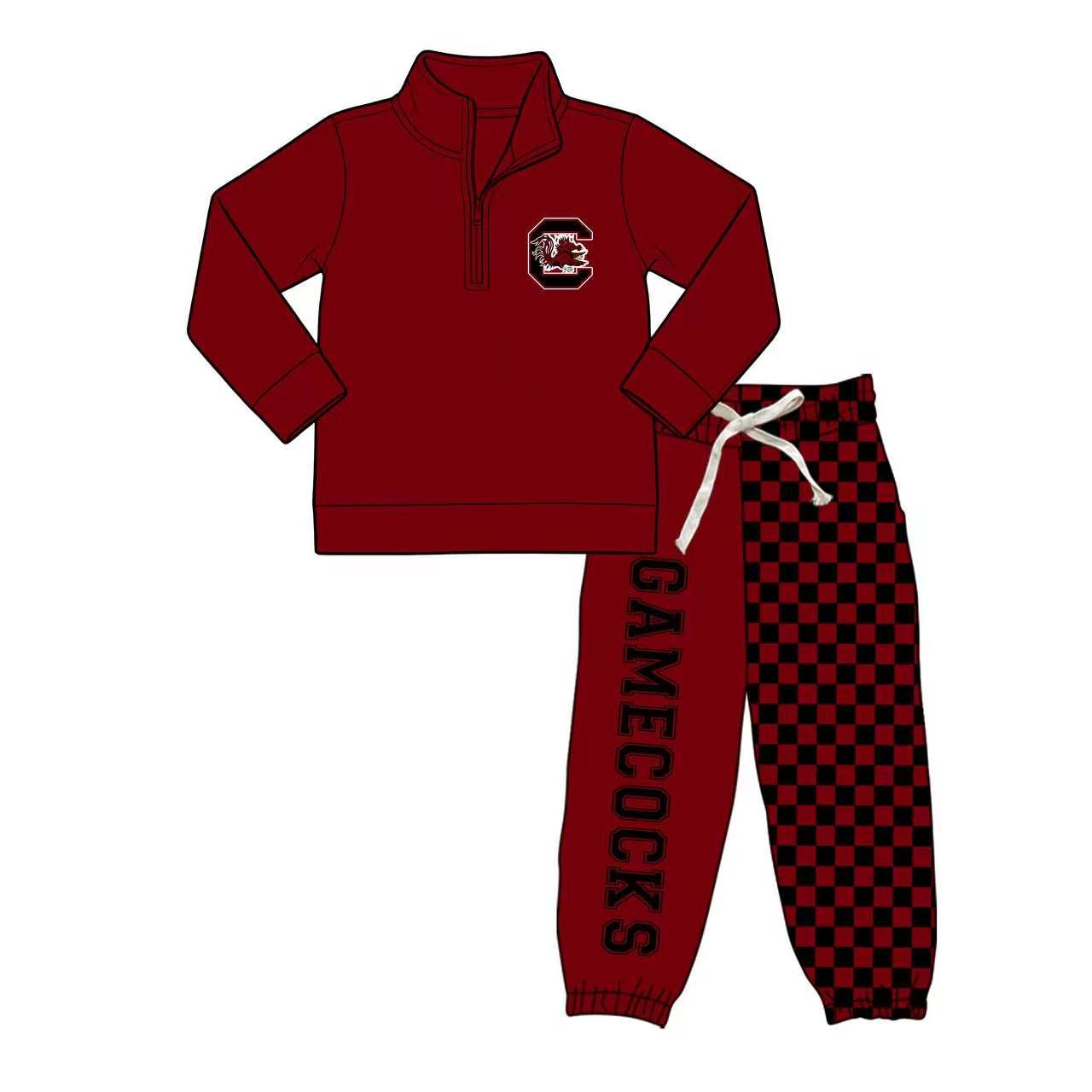 (Custom Design Preorder MOQ 5) Teams Gamecock Wine Zipper Pullover Top Joggers Pants Boys Fall Clothes Set