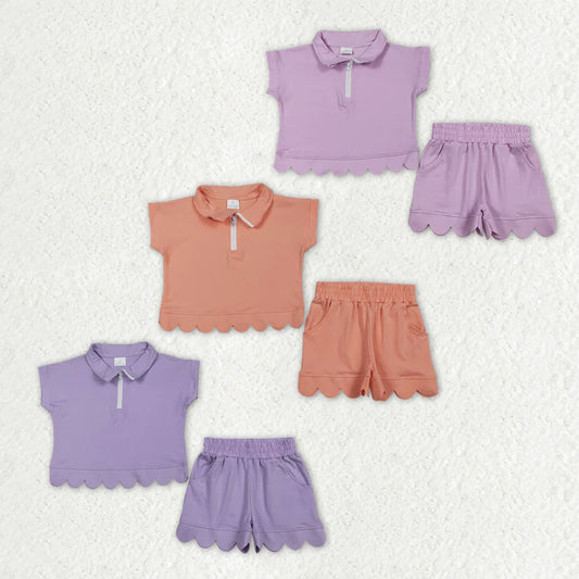 Sibling Baby Girls Short Sleeve Zip Pullovers Top Pockets Short Scallop Clothes Sets