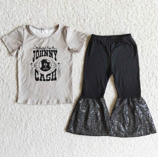 (Promotion) Short sleeve bell bottom sequin ruffle pants outfits A17-14