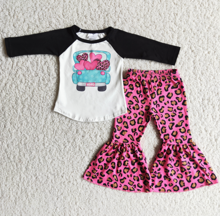 6 B7-24 Trucks Hearts Top Leopard Bell Pants Girls Valentine's Day Clothes Set
