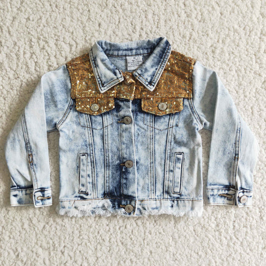 6 B12-10 Blue Denim Sequin Jackets Girls Fall Button Up Jeans Coat