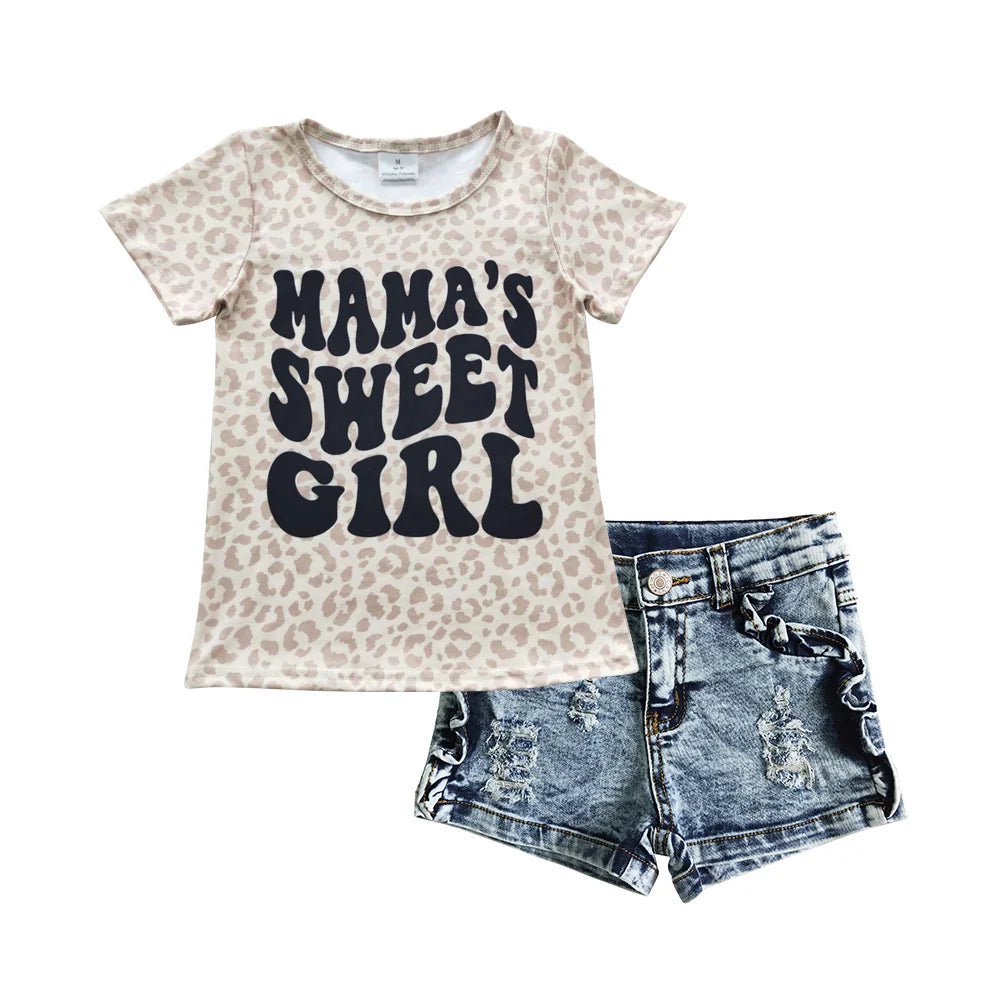 Mama's Sweet Girl Leopart Short Sleeve T-shit Top with Denim Shorts Outfit