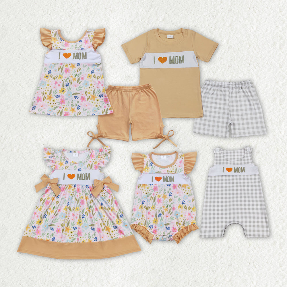 Embroidery I Love Mom Sibling Shorts Set Dreess and Romper