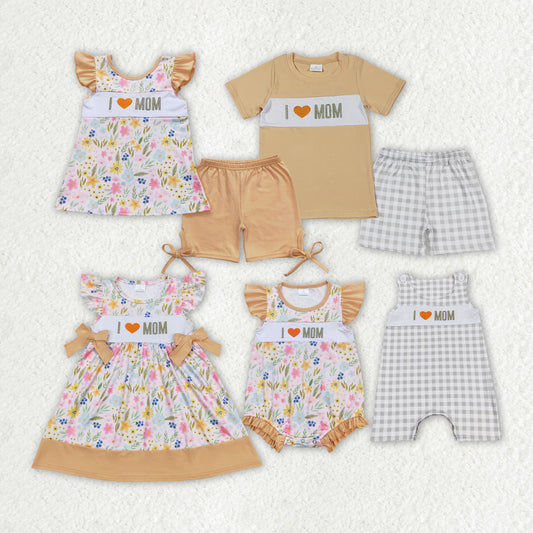 Embroidery I Love Mom Sibling Shorts Set Dreess and Romper